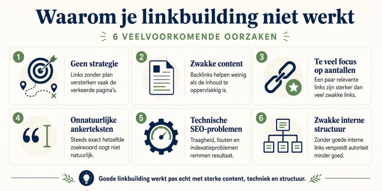 Artikel plaatsen Infographic met redenen waarom linkbuilding niet werkt: strategie, content, kwaliteit en technische SEO
